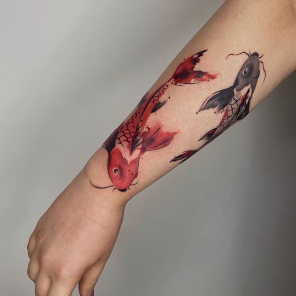 Feminine Color Koi Fish Forearm Tattoo