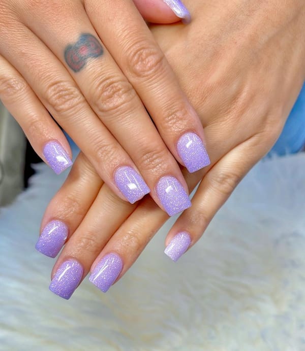 Square Shaped Nails in Sparkly Lavender Color
