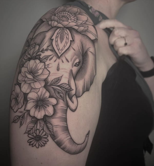 Upper Sleeve Floral Elephant Tattoo