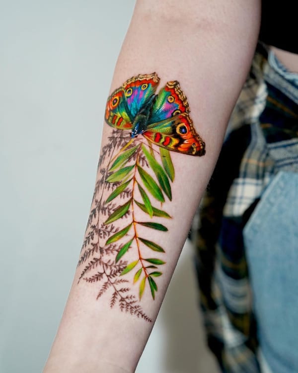 Bright Realistic Butterfly and Leaves Tattoo for Women