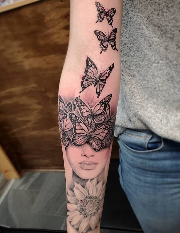 Half Butterflies Face Woman Tattoo Design for Upper Arm
