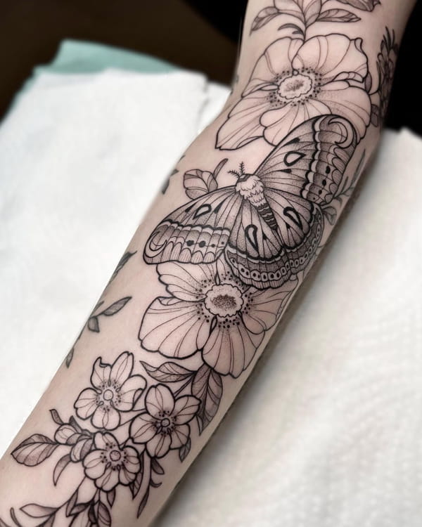 Girly Fine Line Flowers and Large Butterfly Tattoo on on a Sleeve