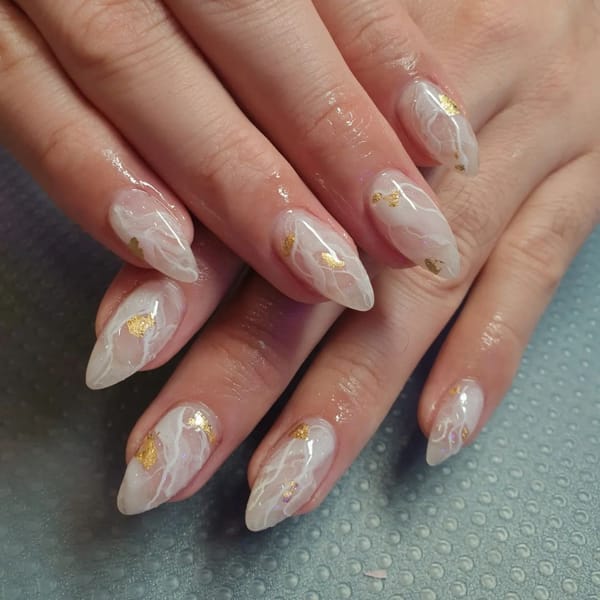 White Marble Nail Art with Gold Flake