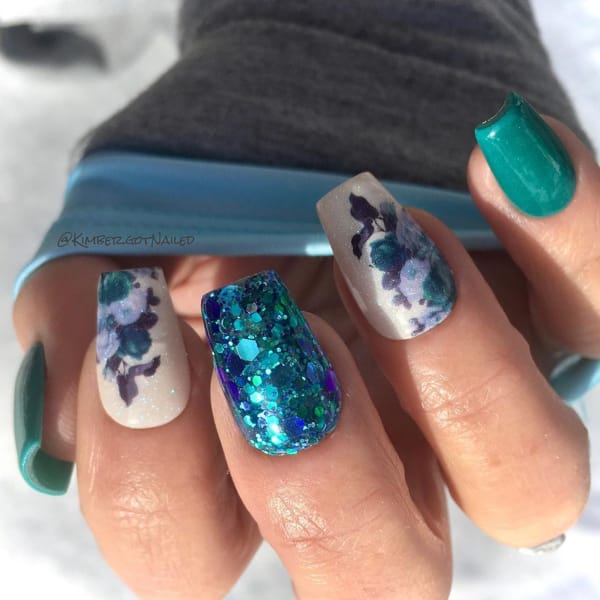 Floral Teal and Purple Nail Design