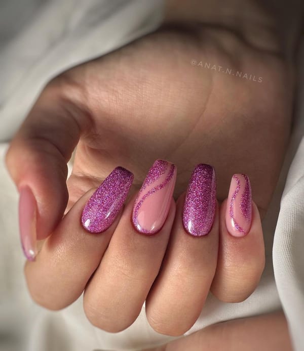 Pink Coffin Nail Set with Glitter Swirl