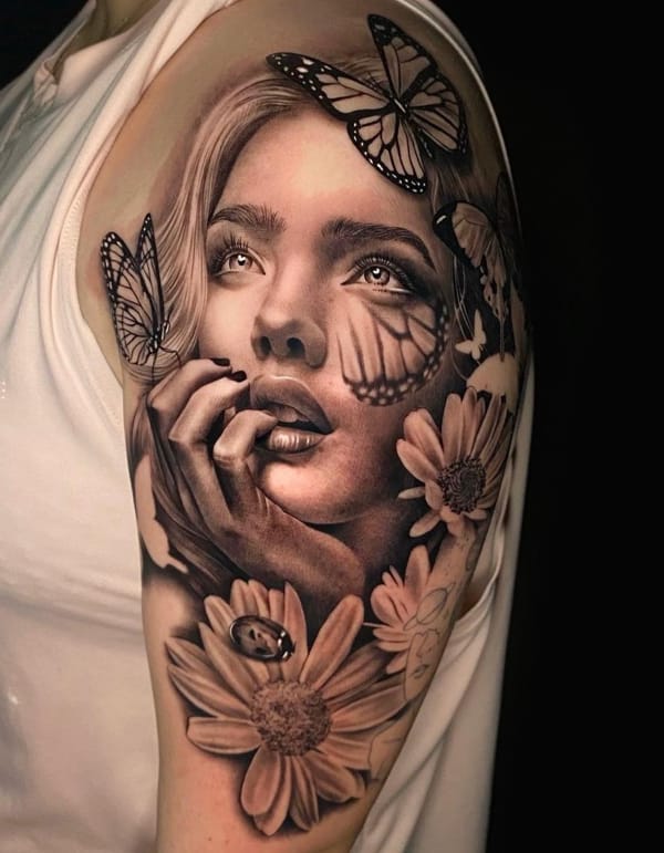 Woman's Face with Flowers and Butterflies Tattoo