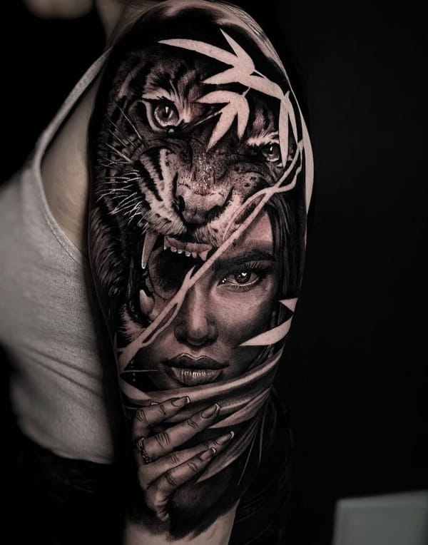 Female Half Face Half Tiger Black Ink Realistic Tattoo