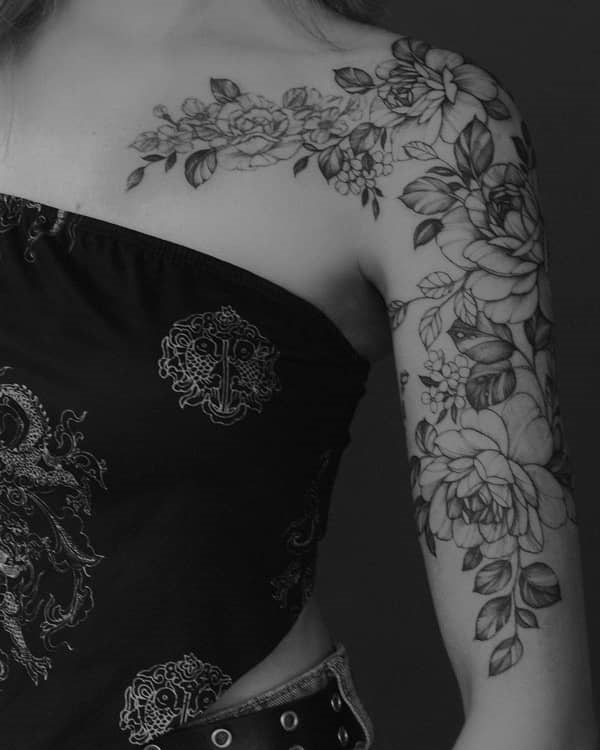 Girly Shoulder and Collarbone Flower Tattoo