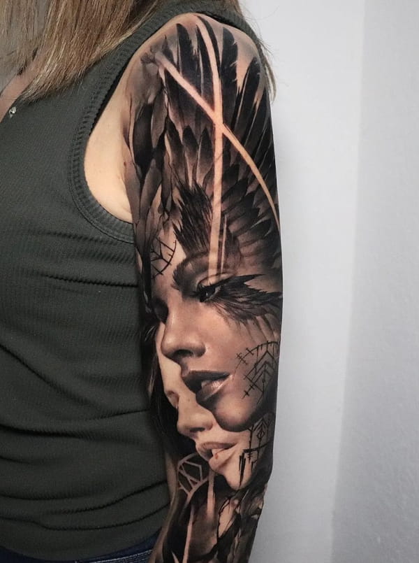 Two Profiles and Wing Sleeve Tattoo for Women