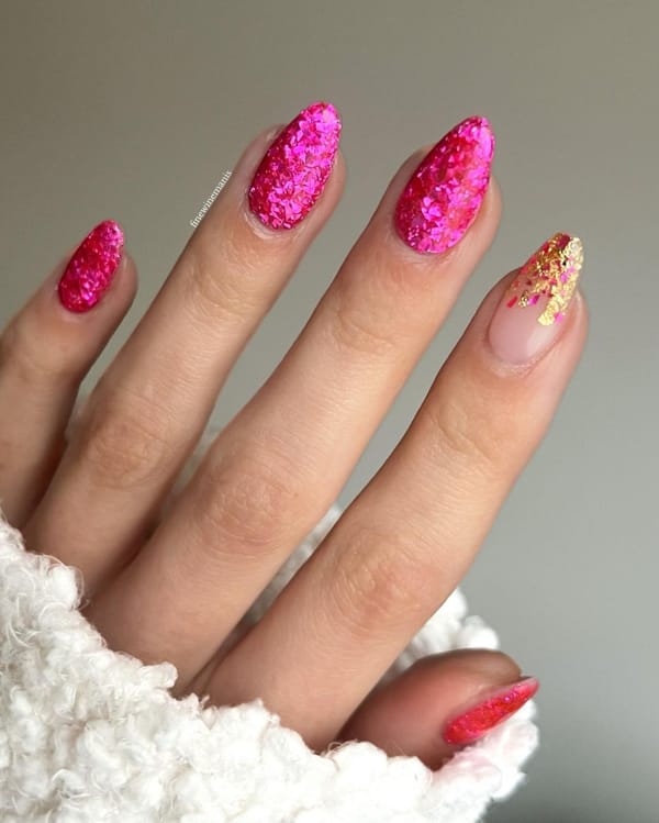 Hot Pink Glitter and Gold Tip Combo Mani