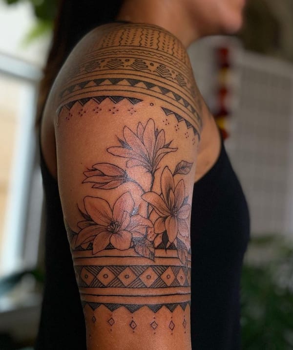 Ornamental and Floral Half Sleeve Tattoo
