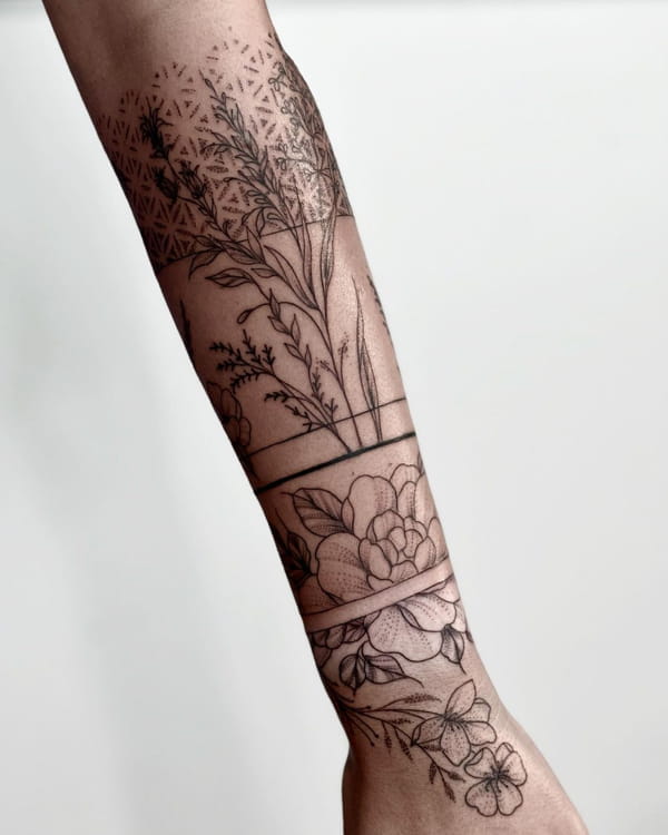 Half Sleeve Cuff and Flowers Tattoo