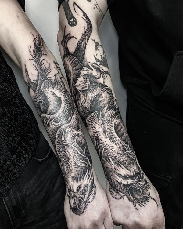 Dragon Matching Half Sleeve Tattoo for a Couple