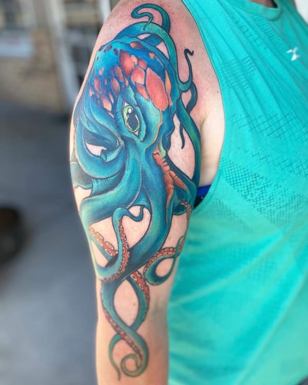 Bright Color Octopus Shoulder and Upper Arm Tattoo