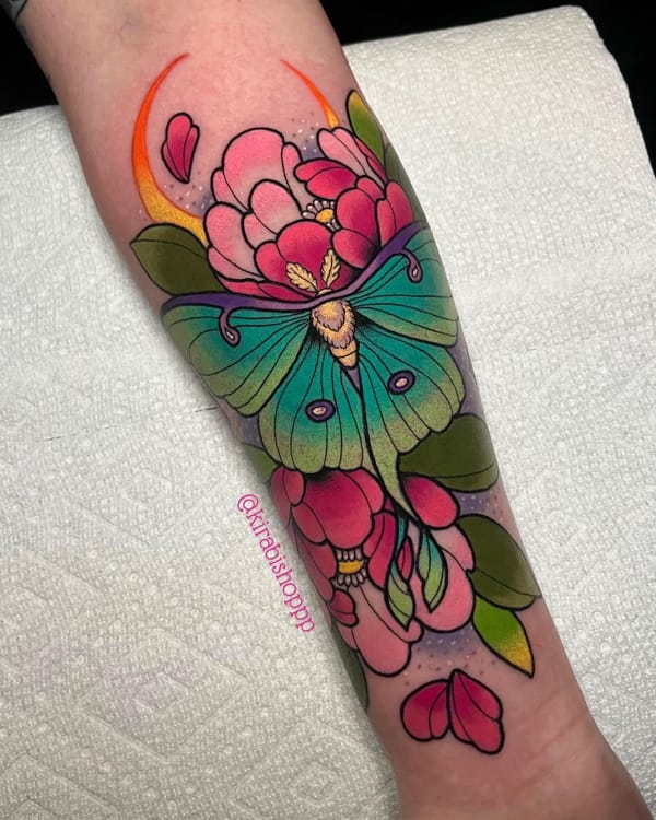 Colorful Half Sleeve Moth Tattoo for Females