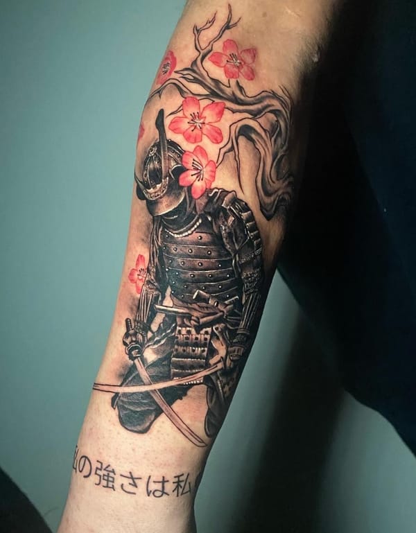 Female Half Sleeve Tattoo with Chinese Warrior and Cherry Blossom