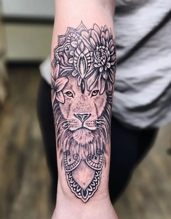 Lion and Mandala Half Sleeve Tattoo for Women