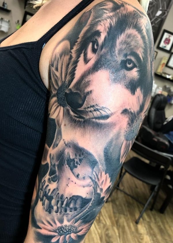 Wolf and Skull Half Sleeve Tattoo for Women