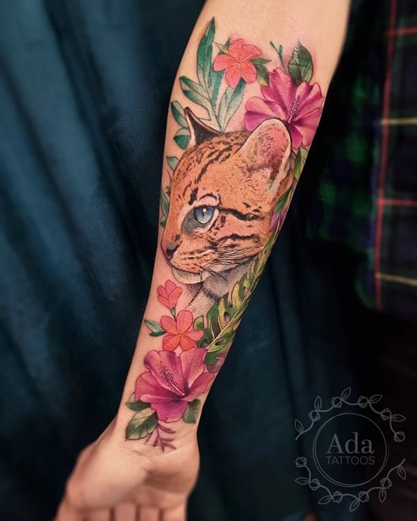 Girly Wild Cat and Flowers Forearm Tattoo in Color